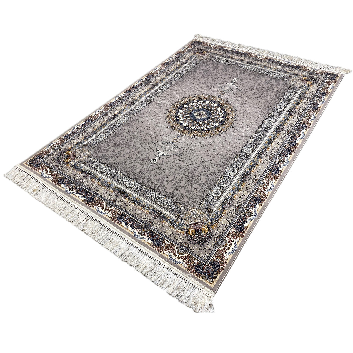 Noah anthracite rug with floral border, central medallion, and fringes