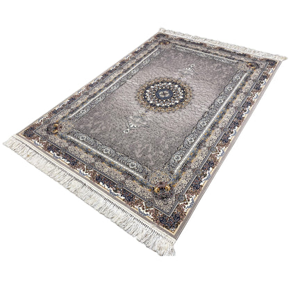 Noah anthracite rug with floral border, central medallion, and fringes