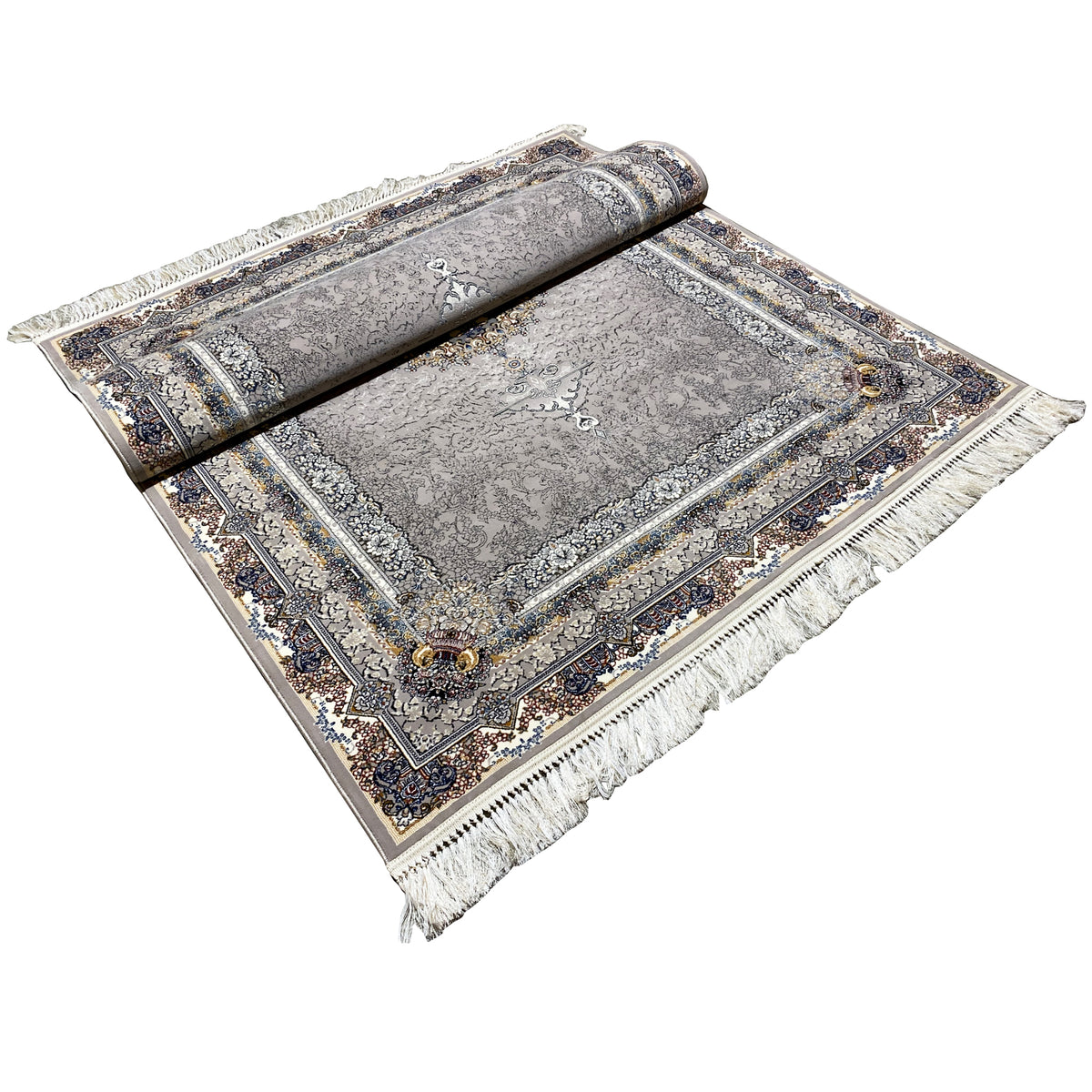 Noah rug with a border, delicate pattern, and fringes at the corners