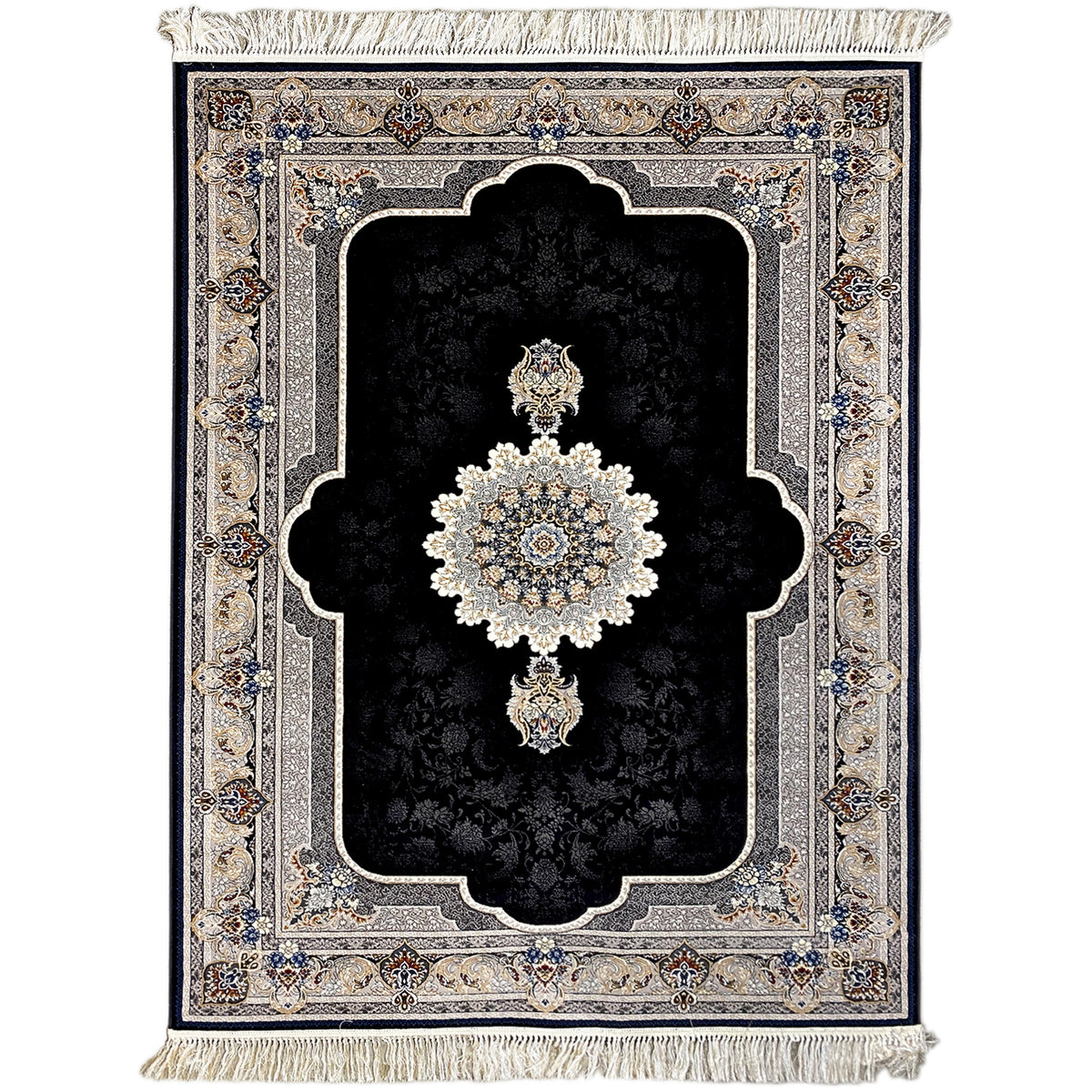 Rug with a black pile and Baroque ornament pattern in cream and blue, with fringes
