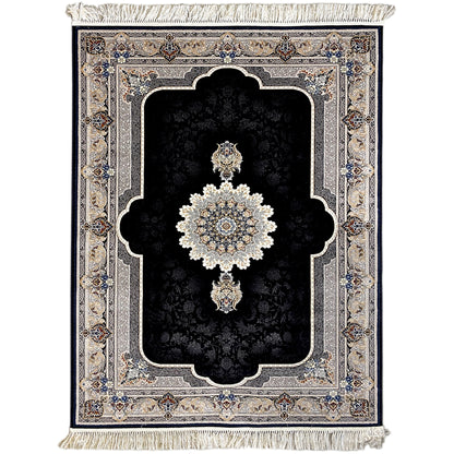Rug with a black pile and Baroque ornament pattern in cream and blue, with fringes