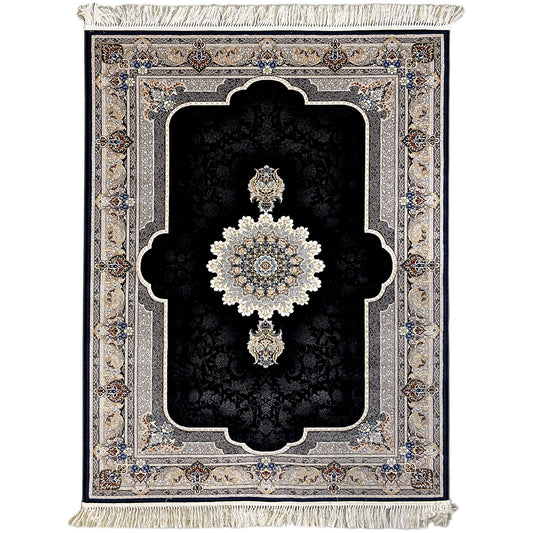 Rug with a black pile and Baroque ornament pattern in cream and blue, with fringes