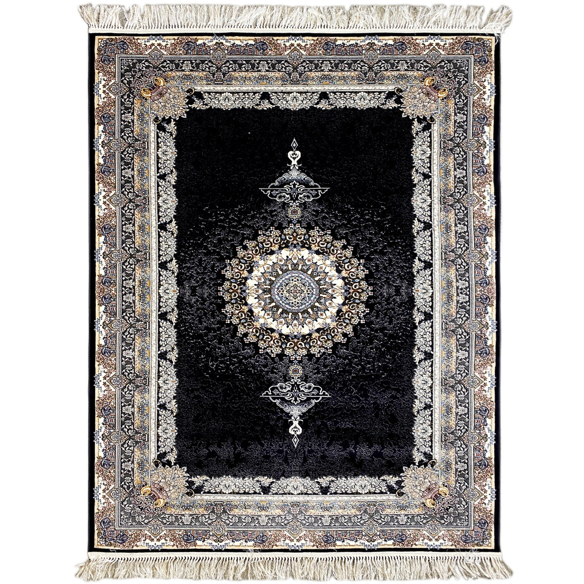 Black carpet with baroque medallion detailing and a surrounding ornamental border, with fringes