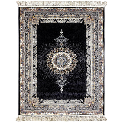 Black carpet with baroque medallion detailing and a surrounding ornamental border, with fringes