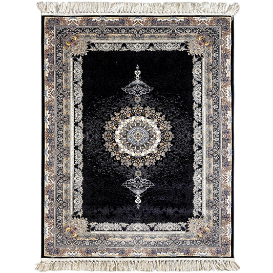 Black carpet with baroque medallion detailing and a surrounding ornamental border, with fringes