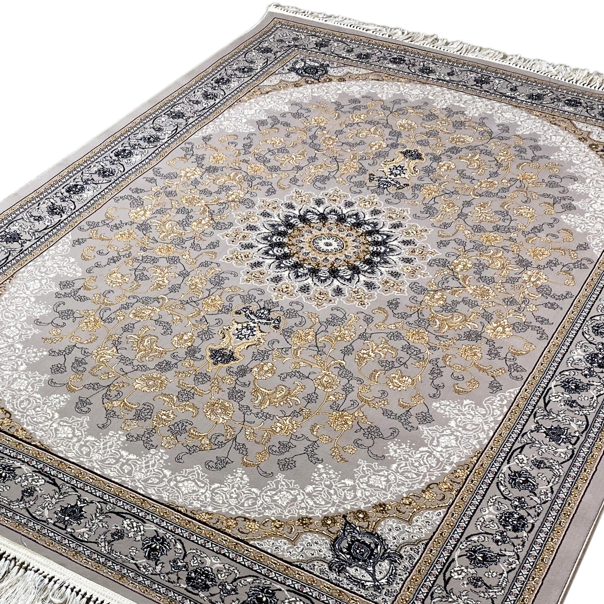 Oriental rug with a large medallion and border, gray and gold with dark details