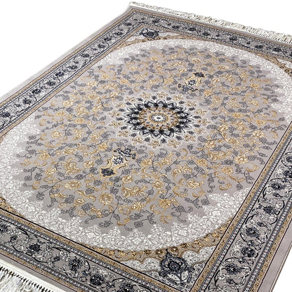 Oriental rug with a large medallion and border, gray and gold with dark details