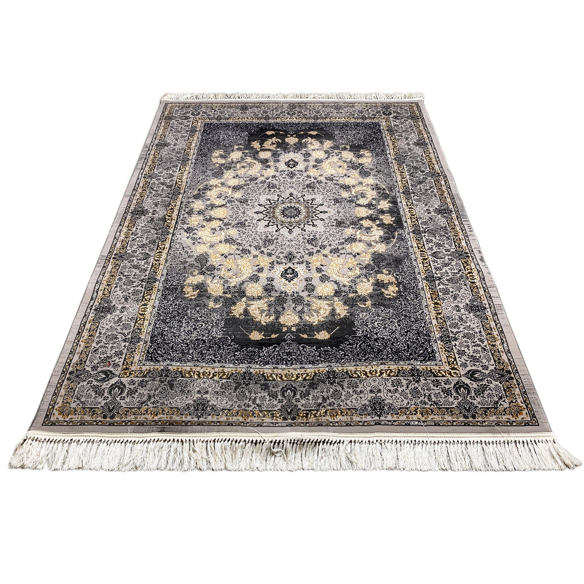 Rug 160x230 standing upright, dark gray with floral medallions, golden-beige lines and fringes