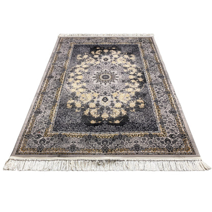 Rug 160x230 standing upright, dark gray with floral medallions, golden-beige lines and fringes