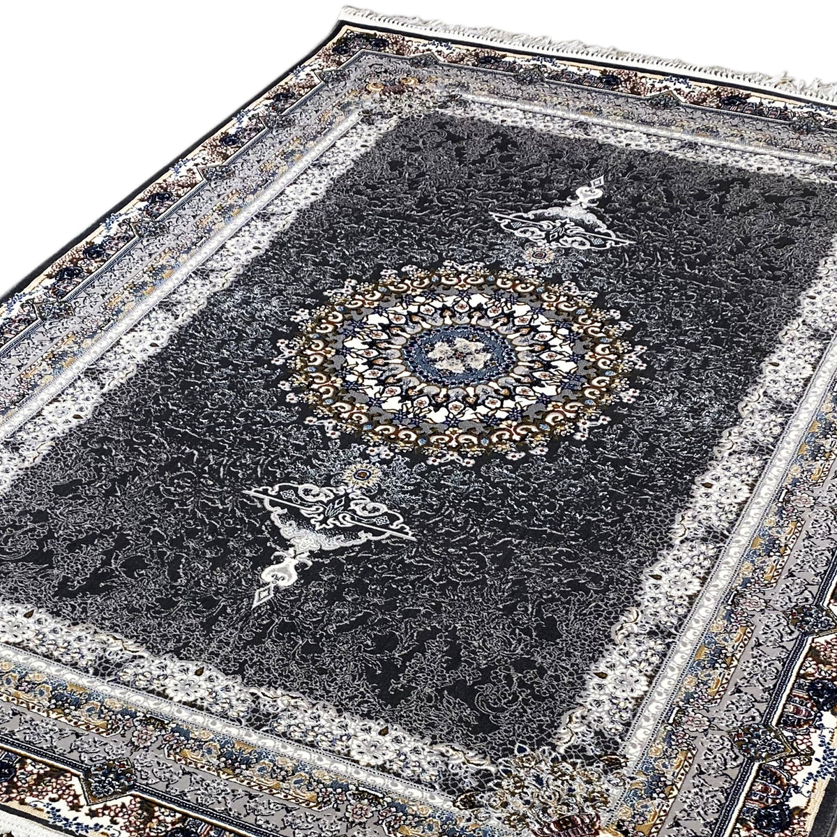 Black oriental rug with detailed ornamentation, a gold medallion, and wide decorative borders