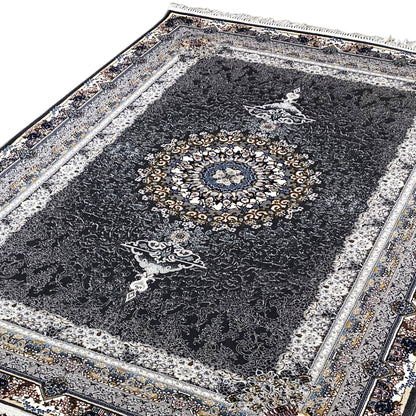 Black oriental rug with detailed ornamentation, a gold medallion, and wide decorative borders