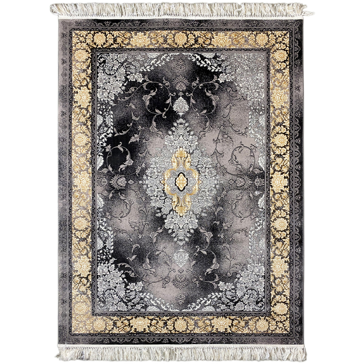Rug with silver-gray and black pile, gold ornamental border, and fringes, 160x230 cm