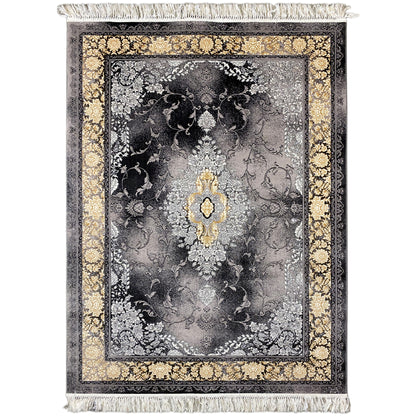 Rug with silver-gray and black pile, gold ornamental border, and fringes, 160x230 cm