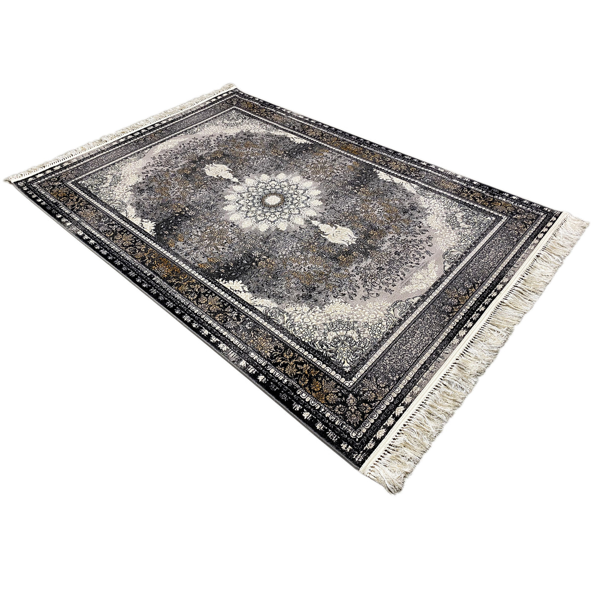 Rug 160x230 cm, lying at an angle: medallion pattern, dark border, fringes at the corners