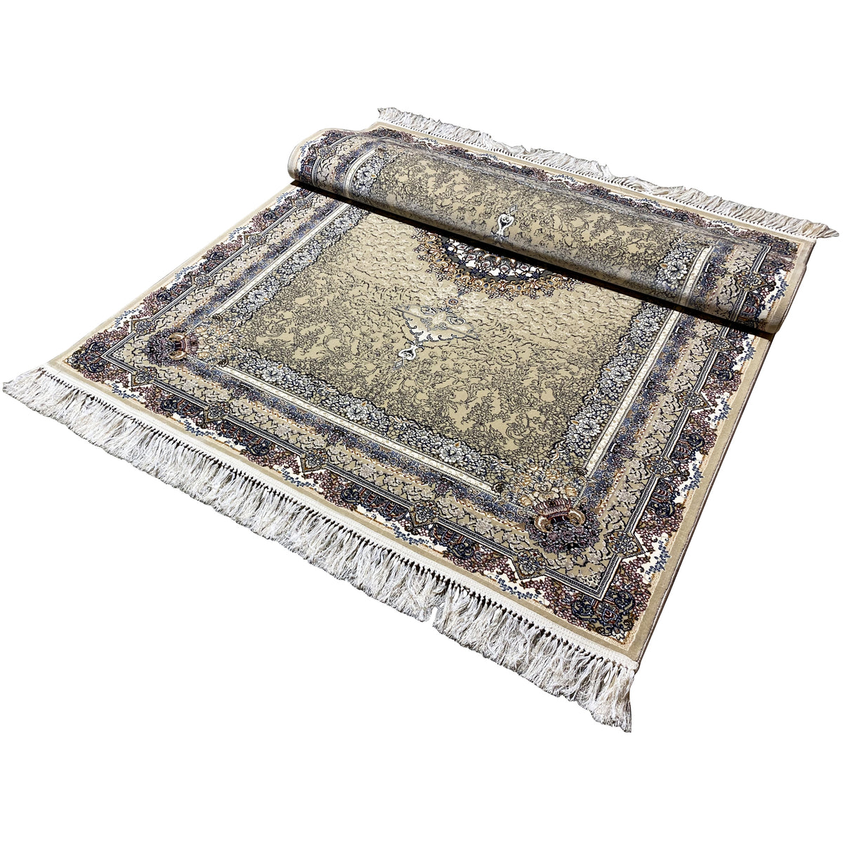 Medallion rug 160x230 with beige pattern, blue border, and long fringes