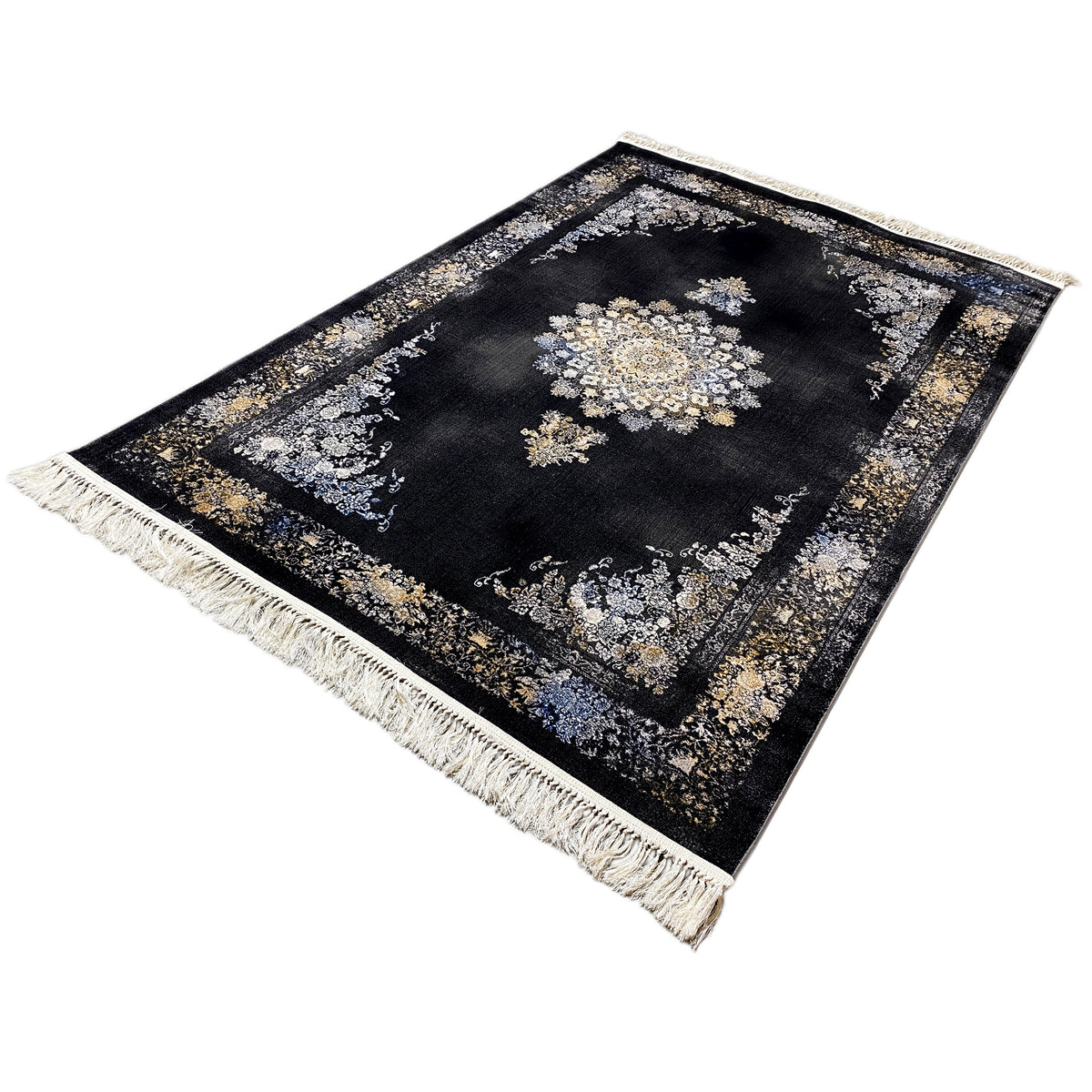 Rug shown at an angle: dark geometric-design rug with gold and silver ornaments