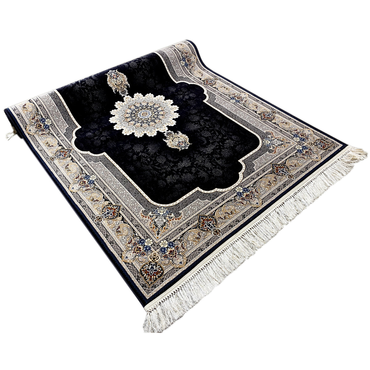 Triangular view of a rug: black pile with floral medallions, cream-colored border, fringes