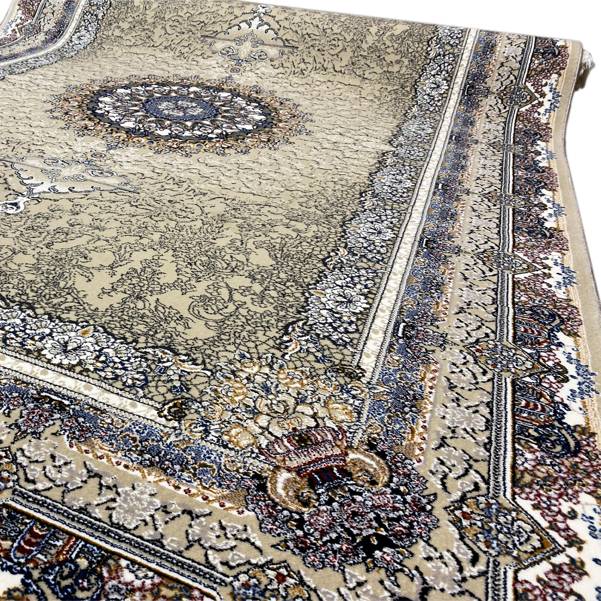 Close-up of 160x230 medallion rug: beige ornamental pattern with blue border