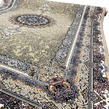 Close-up of 160x230 medallion rug: beige ornamental pattern with blue border