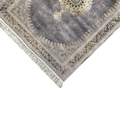 Carpet corner with medallion and decorative border, mottled gray, fringe