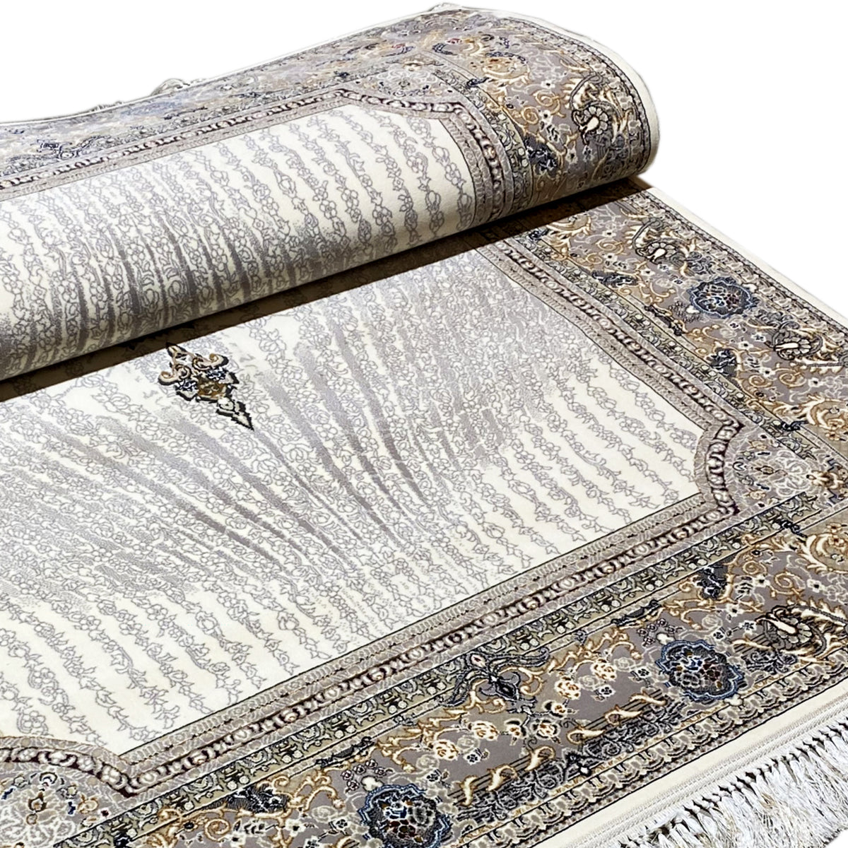 Elara sample rug 160x230 rolled up: silver surface with borders, fringes visible