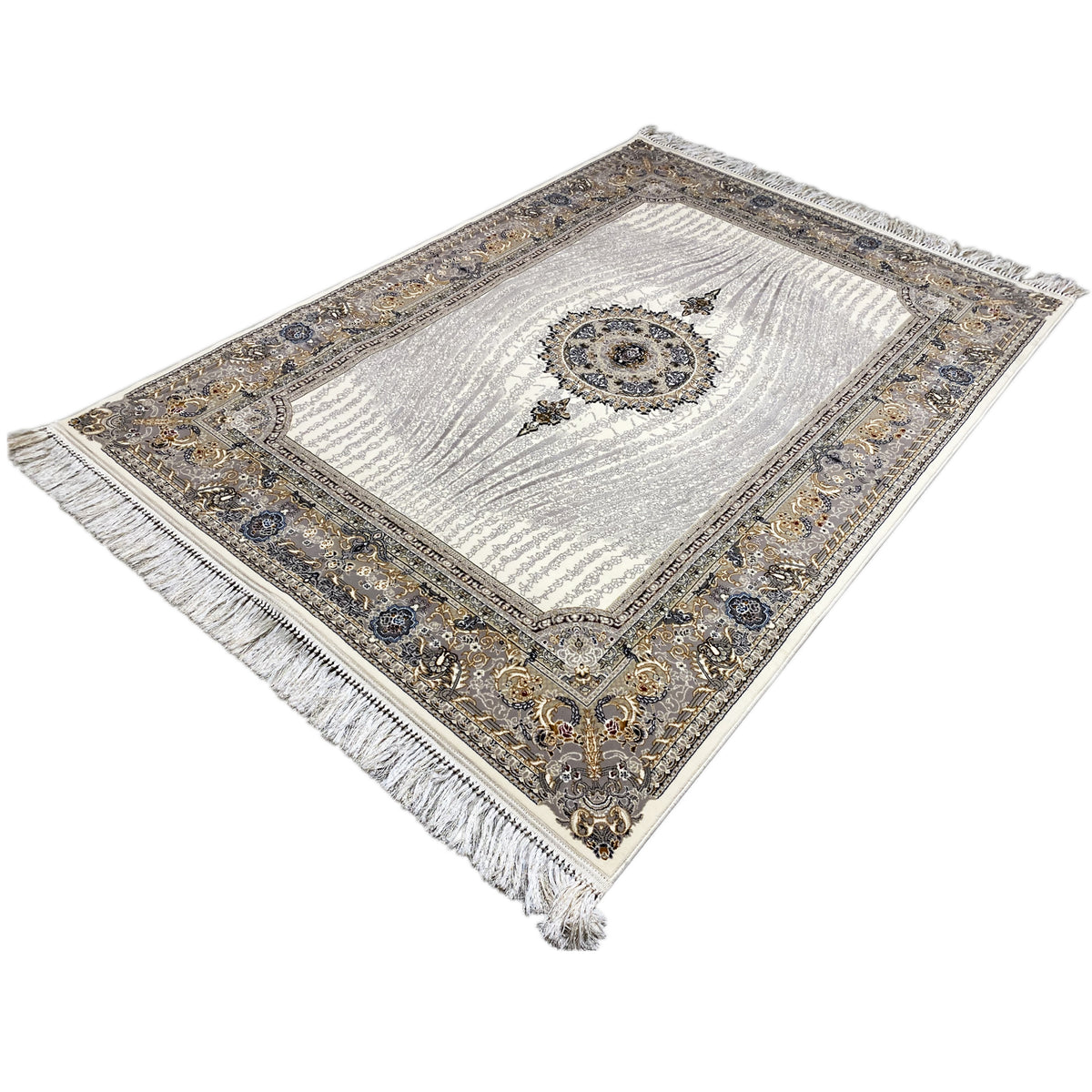 Elara sample rug 160x230 viewed from above: silver central area, blue-and-gold border, fringes