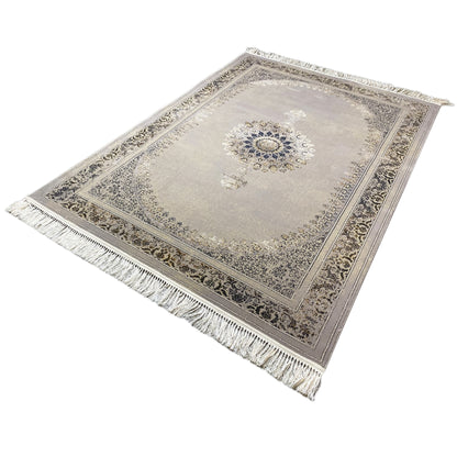 Woven rug 160x230 cm in light gray with a blue and gold medallion and fringes