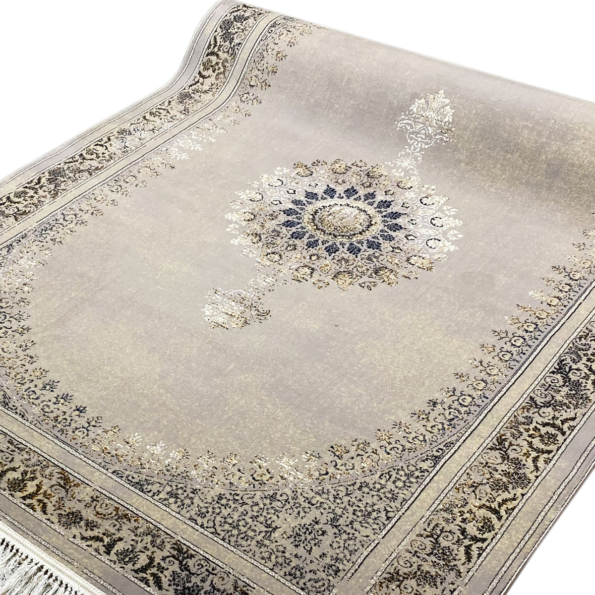 Woven rug 160x230 cm, light gray, with an ornamental border and blue-and-gold medallion