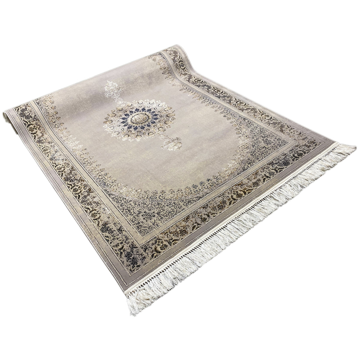 Woven rug 160x230 cm, light gray, with a decorative border and fringes at the corners
