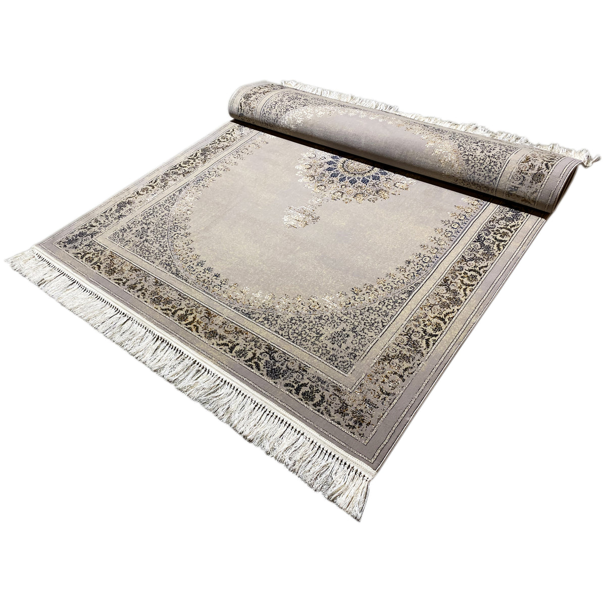 Woven rug 160x230 cm, light gray, rolled-up layer with border and fringes
