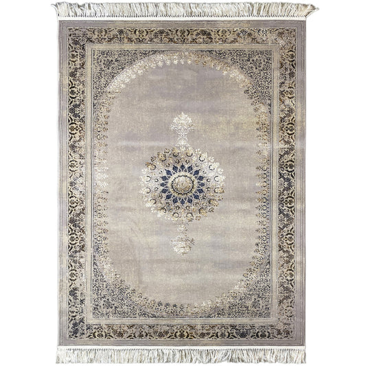 Wiesner rug 160x230 cm with beige ornament and blue medallion, finished with fringe