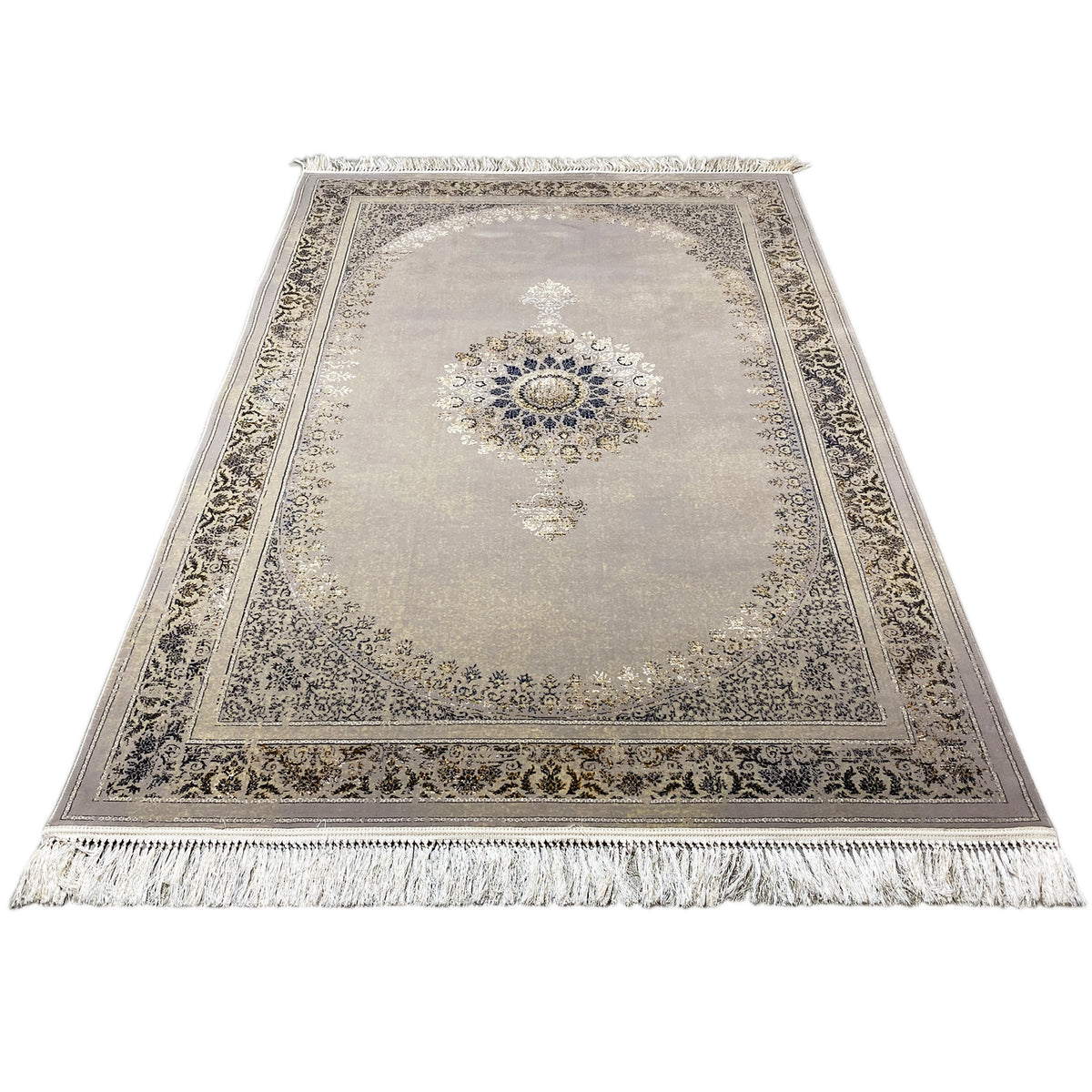Wiesner rug 160x230 cm overall view with blue medallion, paisley border, fringes