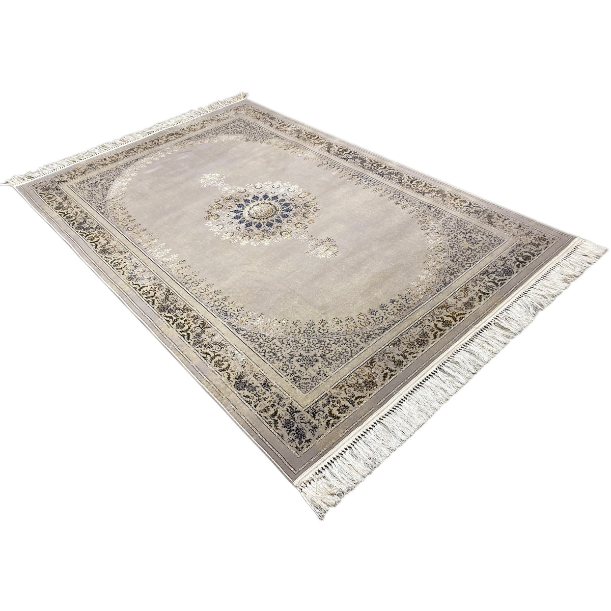 Wiesner rug 160x230 cm diagonal view: ornamental border, blue center, fringes at the corners