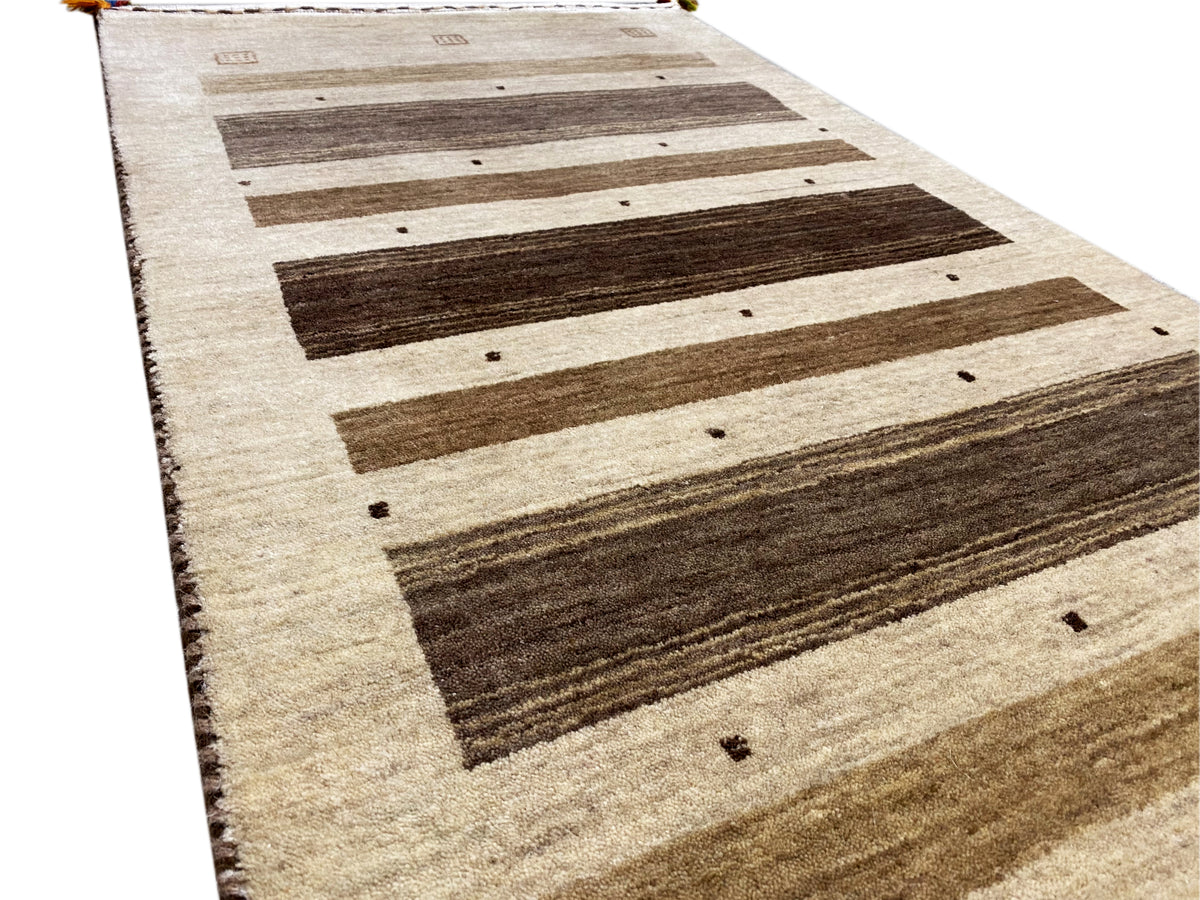 Gabbeh rug 120×68 cm with beige stripes and dark bars, short fringes
