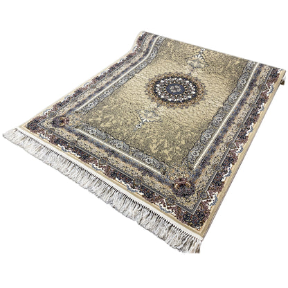 Medallion rug 160x230 with a beige base, blue decorative border and fringes