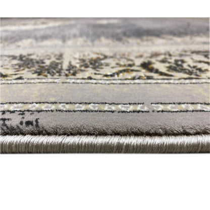 Rug edge with fringes and patterned stripes, mottled gray, gold-beige details