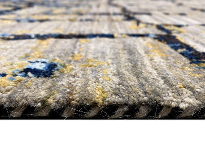 Hand-knotted carpet close-up: pile with light and blue-gold threads