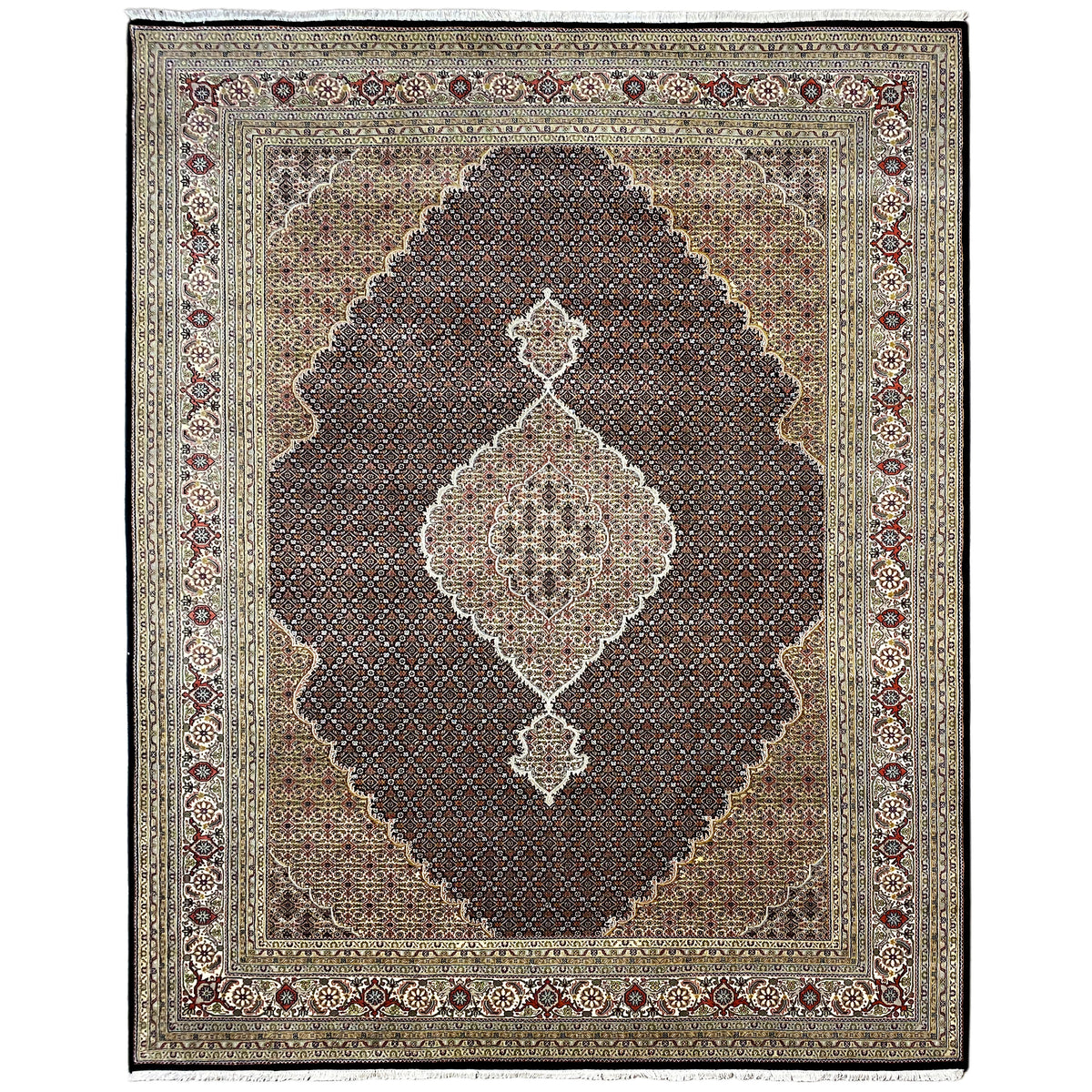 Oriental rug with a square format, dark brown central field, and beige medallion