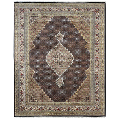 Oriental rug with a square format, dark brown central field, and beige medallion