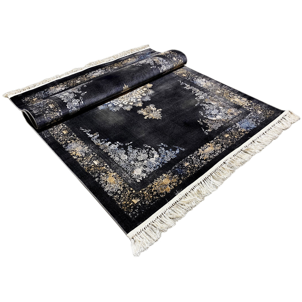 Rolled carpet: dark background with floral ornaments in gold and silver, fringes