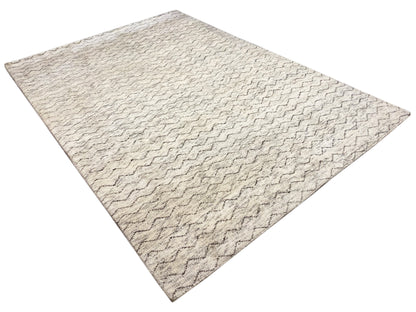 Rectangular Berber rug, light beige with zigzag waves and gray lines