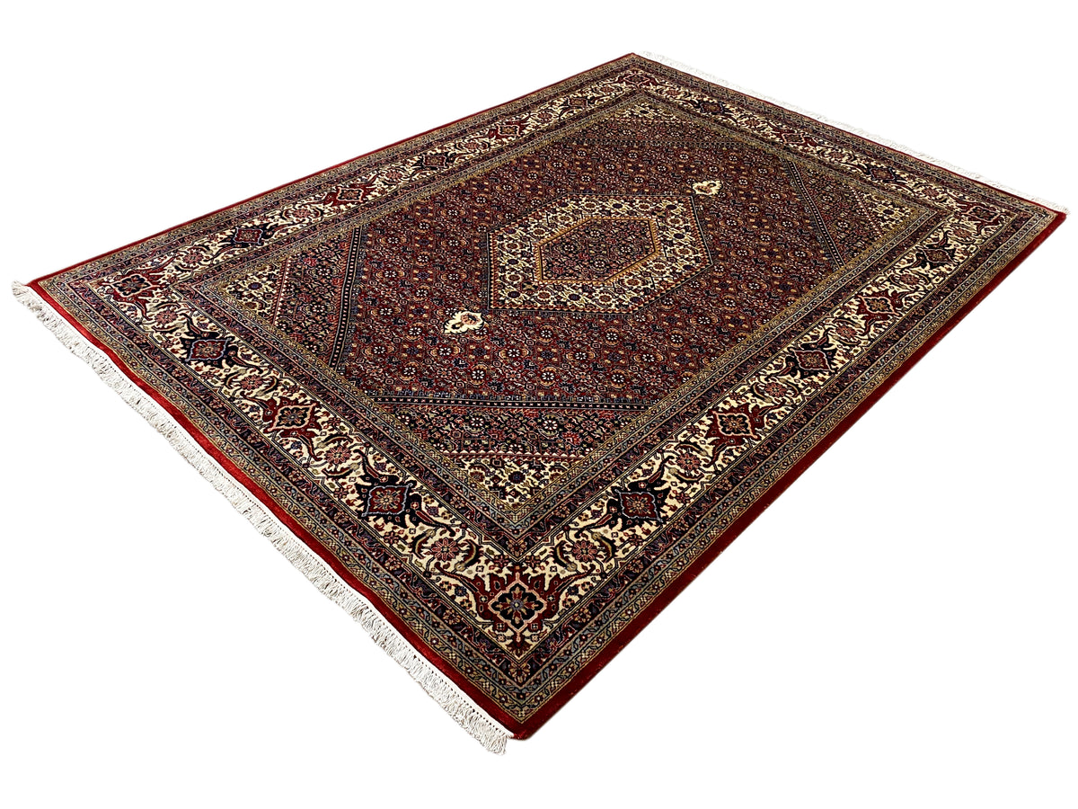Bidjar rug angled view: red center with medallion and multicolored border pattern