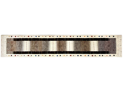 Gabbeh runner cross-section: silver-gray center with dark stripes and a dotted-pattern border