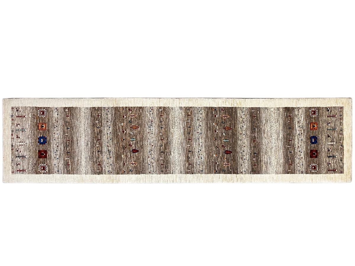 Gabbeh runner rug horizontal view: light border, brown-gray stripes, colorful squares
