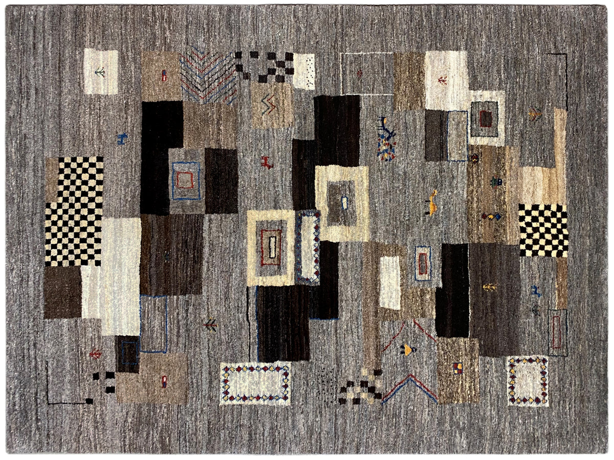 Gabbeh rug 235x171 cm with a gray background and colorful accents in the pattern