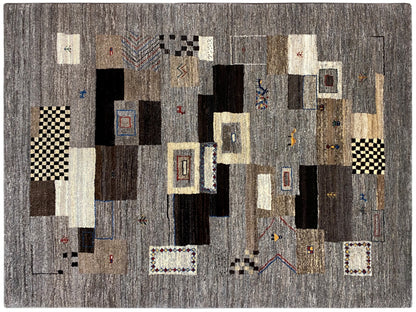 Gabbeh rug 235x171 cm with a gray background and colorful accents in the pattern