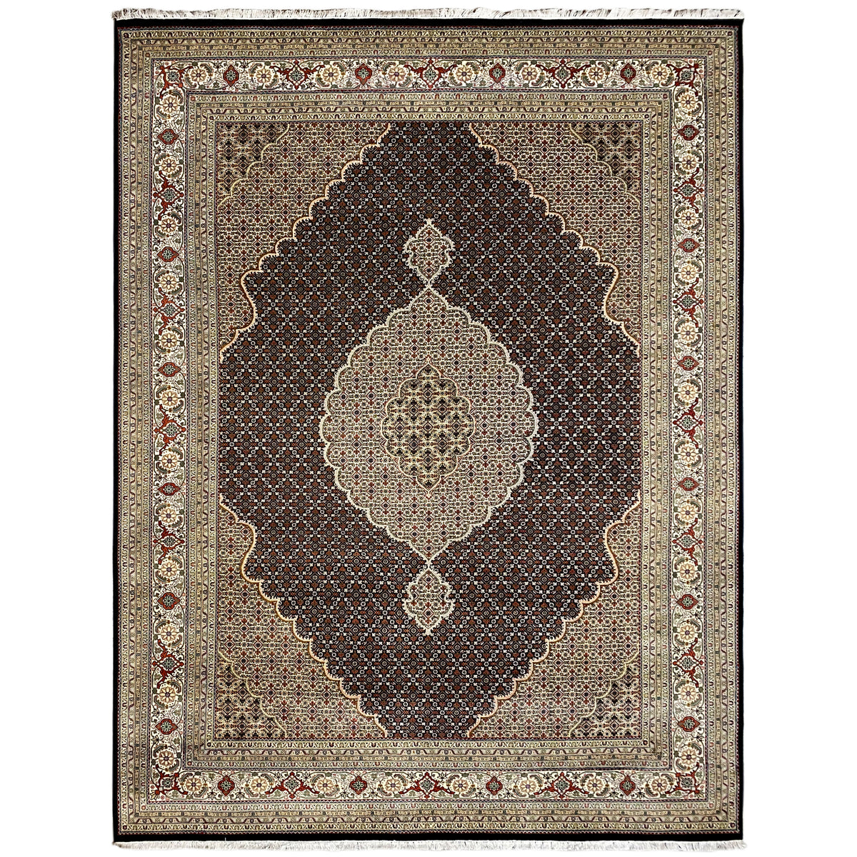 Dark brown rug with a light central medallion, fine border, and edge ornaments