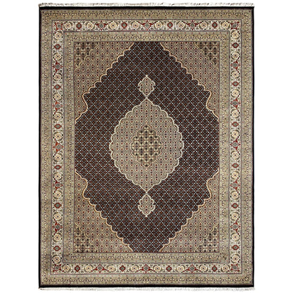 Dark brown rug with a light central medallion, fine border, and edge ornaments