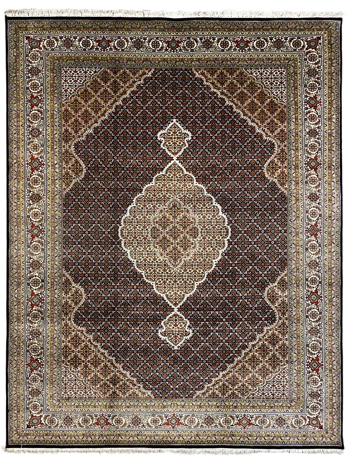 Brown Indo-Tabriz rug with a central medallion, uniform diamond pattern, and border.