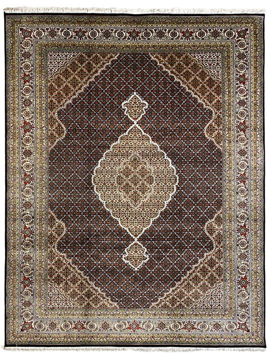 Brown Indo-Tabriz rug with a central medallion, uniform diamond pattern, and border.